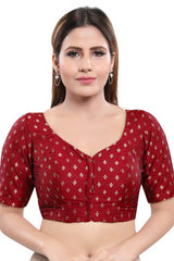 Maroon Jacquard Front Open Padded Elbow Sleeves Saree Blouse