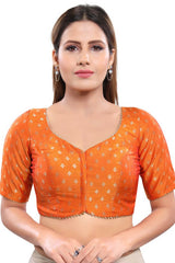 Mustard Jacquard Front Open Padded Elbow Sleeves Saree Blouse