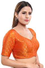 Mustard Jacquard Front Open Padded Elbow Sleeves Saree Blouse