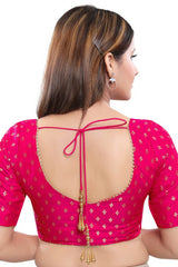 Pink Jacquard Front Open Padded Elbow Sleeves Saree Blouse