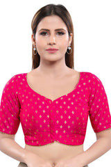 Pink Jacquard Front Open Padded Elbow Sleeves Saree Blouse