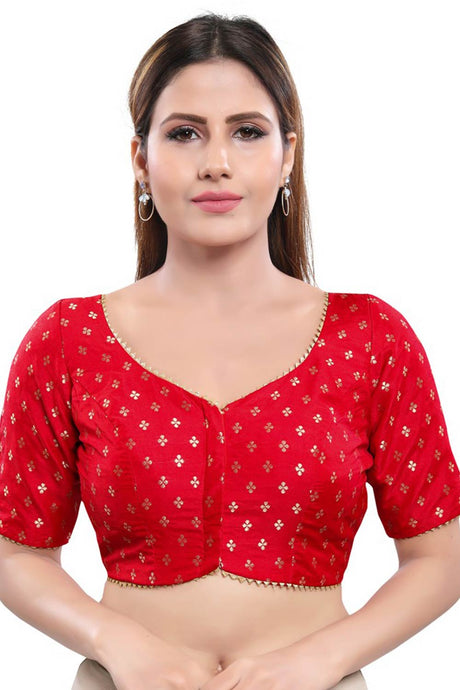 Red Jacquard Front Open Padded Elbow Sleeves Saree Blouse