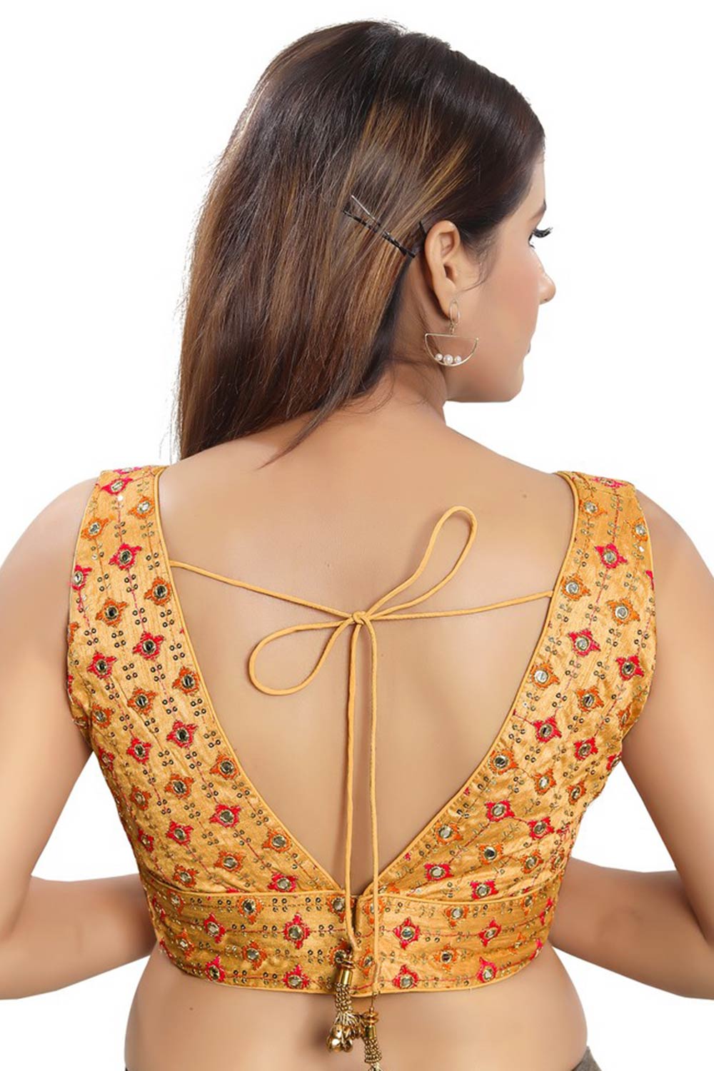 Gold Jacquard Back Open Padded Sleeveless Saree Blouse