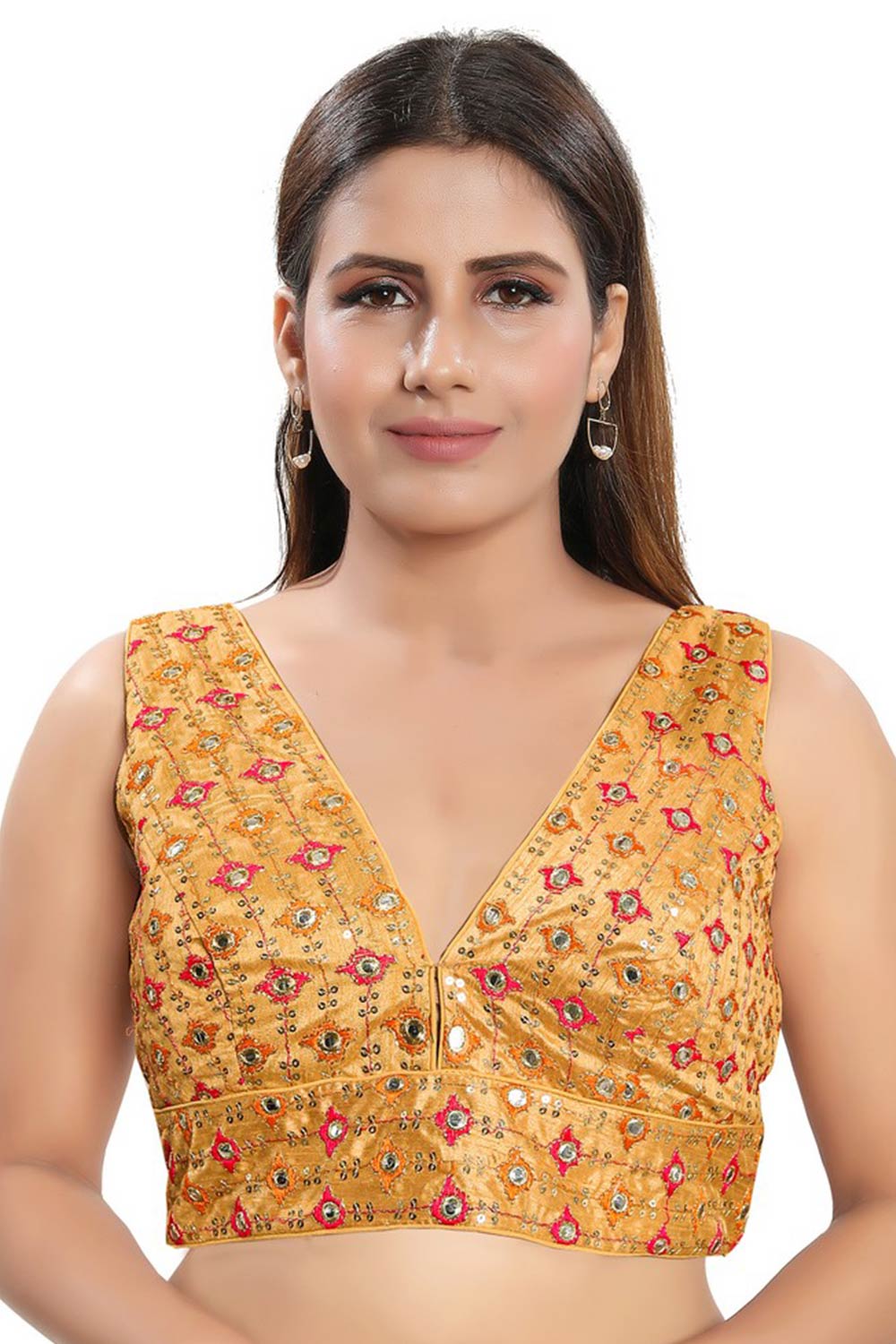 Gold Jacquard Back Open Padded Sleeveless Saree Blouse