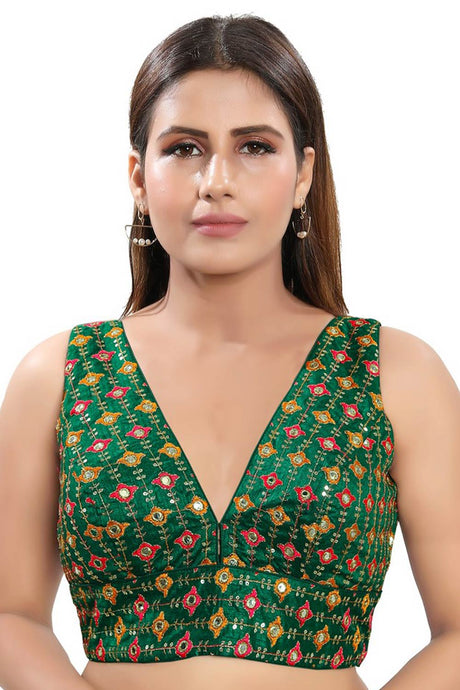 Green Jacquard Back Open Padded Sleeveless Saree Blouse