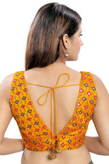 Mustard Jacquard Back Open Padded Sleeveless Saree Blouse