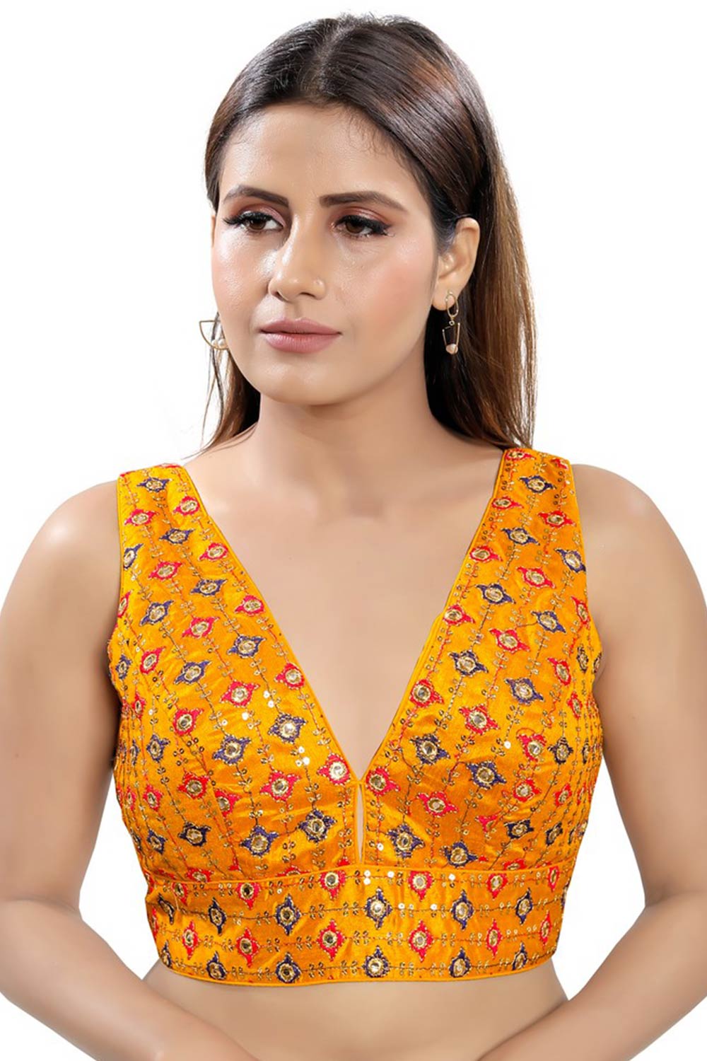 Mustard Jacquard Back Open Padded Sleeveless Saree Blouse