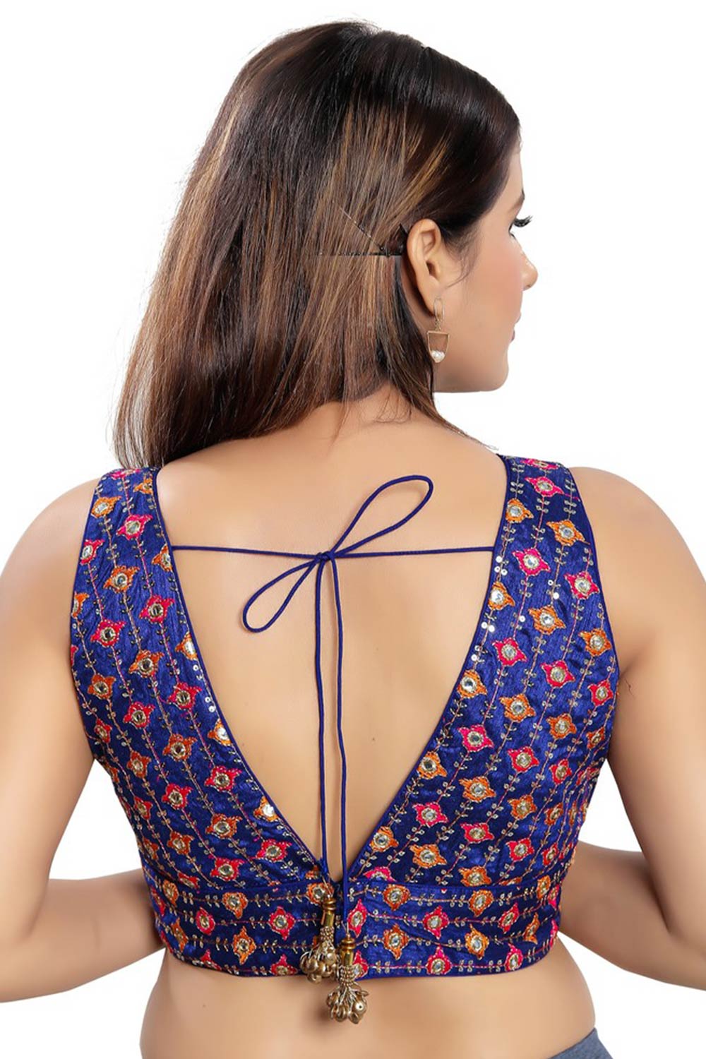 Royal Blue Jacquard Back Open Padded Sleeveless Saree Blouse