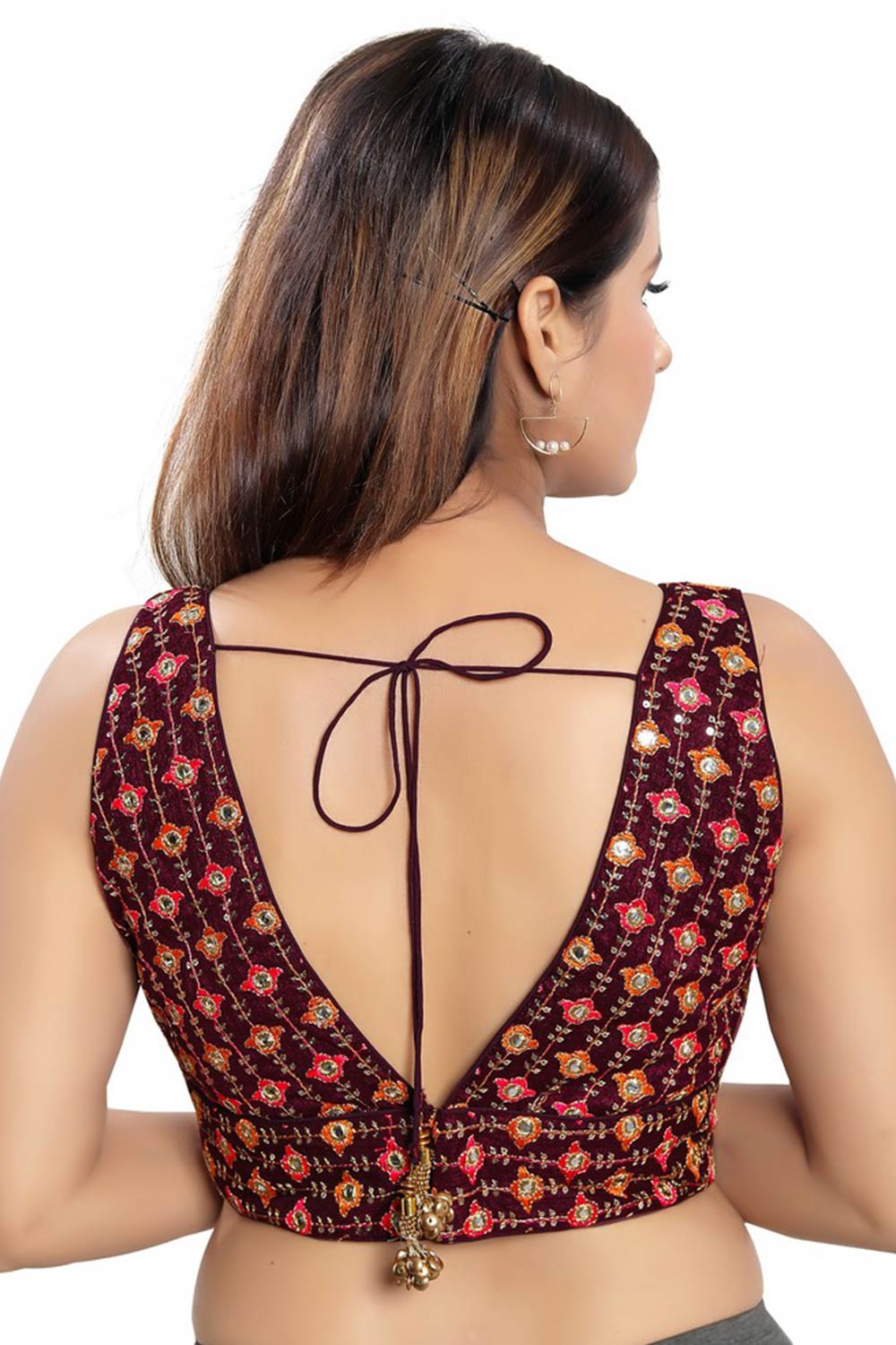 Wine Jacquard Back Open Padded Sleeveless Saree Blouse