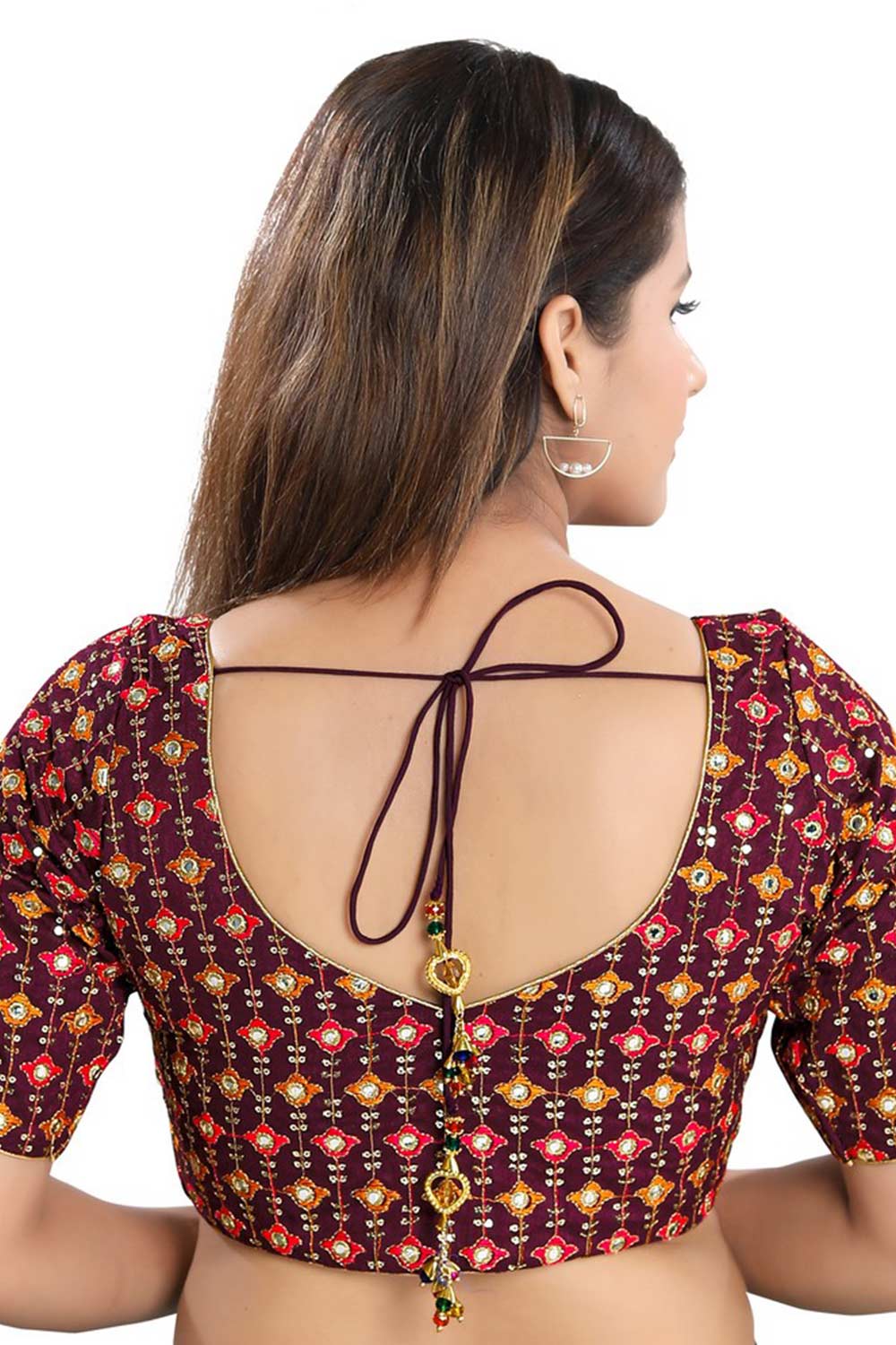 Partywear Wine Brocade Saree Blouse.