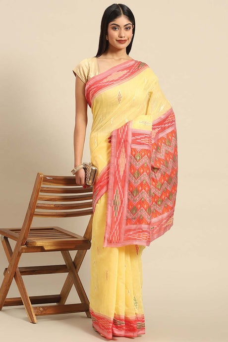Buy Yellow Cotton Linen Woven Design Saree Online - KARMAPLACE