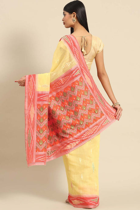Buy Yellow Cotton Linen Woven Design Saree Online - KARMAPLACE
