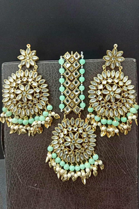 Buy Women's Copper Earring and Maang Tikka Set in Ligh Green Online