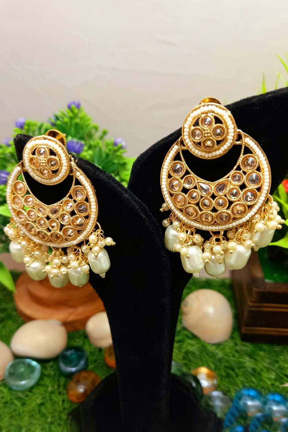 Brass Gold Plated Pearl Stone Studded Handmade Earrings