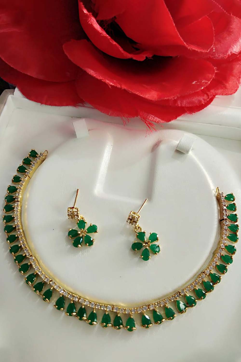 Green American Diamond Necklace And Earring Set