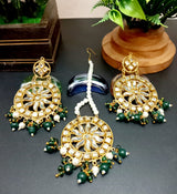 Green Copper Base Kundan Pearl Necklace Set With Maangtika