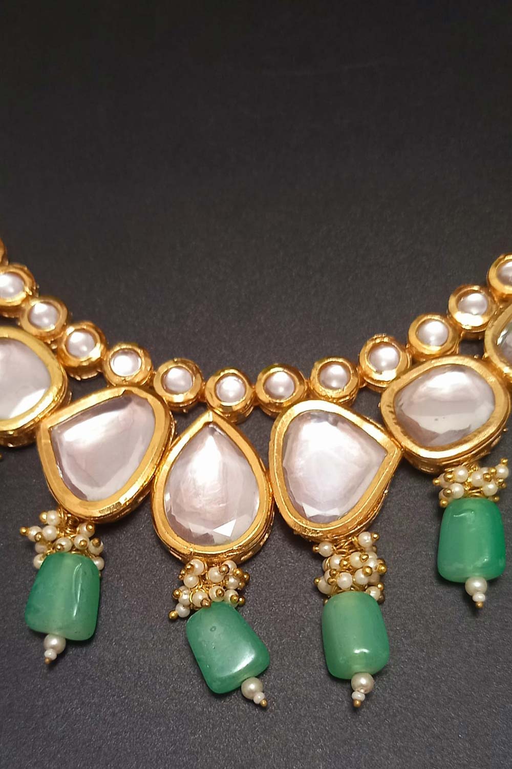 Green Brass Shine Gold Plated Kundan Necklace Set