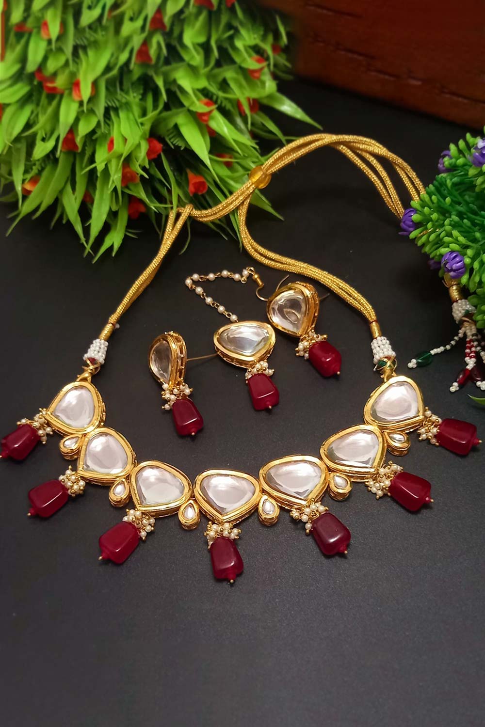Red Brass Shine Gold Plated Kundan Necklace Set With Maangtika