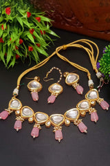 Pink Brass Shine Gold Plated Kundan Necklace Set With Maangtika
