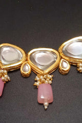 Pink Brass Shine Gold Plated Kundan Necklace Set With Maangtika