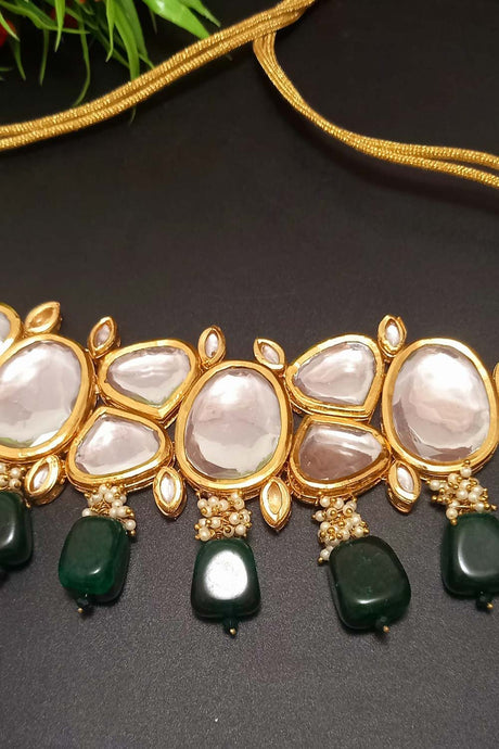 Green Brass Shine Gold Plated Kundan Necklace Set