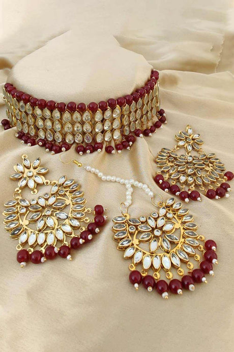 Buy Women's Copper Chokar Necklace Set in Maroon Online
