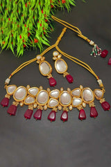 Red Brass Shine Gold Plated Kundan Necklace Set