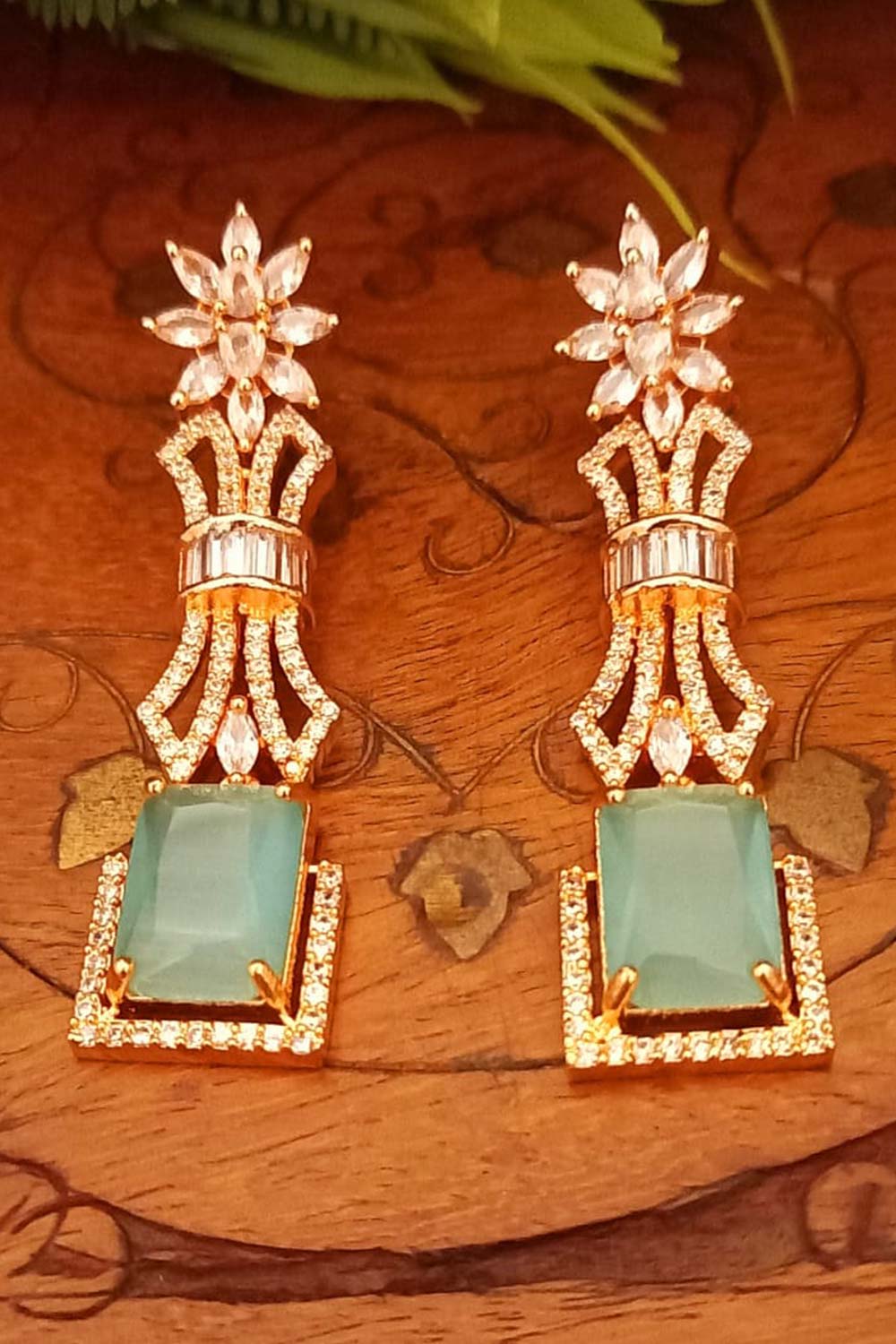 Green American Diamond Rose Polish Long Hangging Dangler Earrings