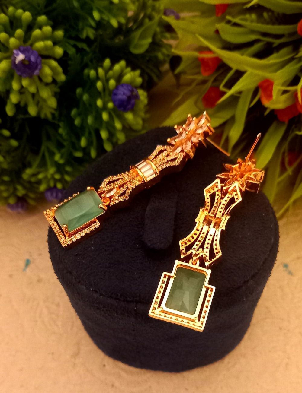 American Diamond Rose Gold Plated Earrings In Green