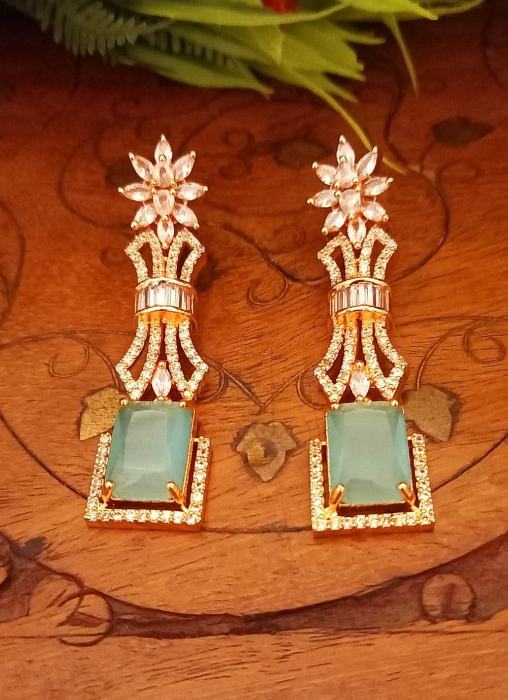 American Diamond Rose Gold Plated Earrings In Green