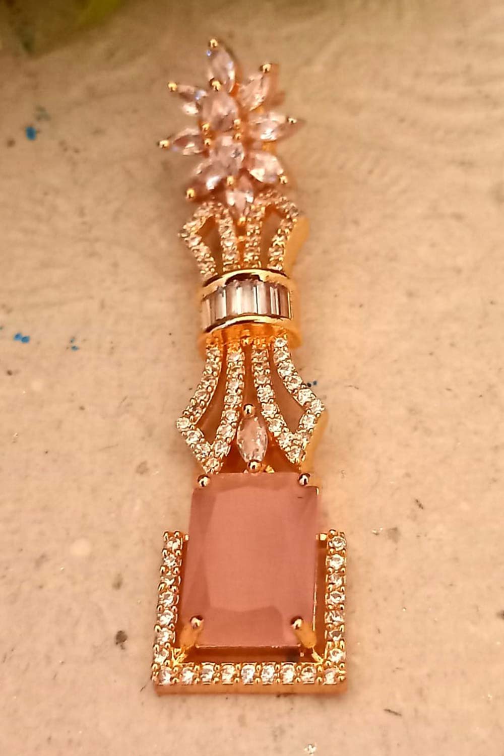 Pink American Diamond Rose Polish Long Hangging Dangler Earrings