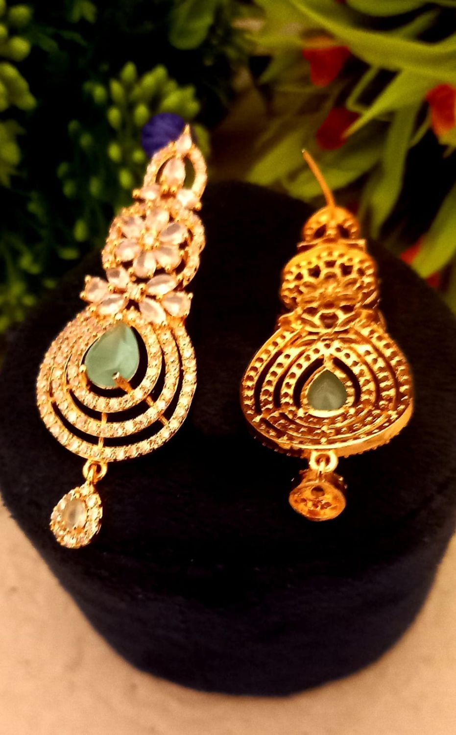 American Diamond Rose Gold Plated Earrings In Green