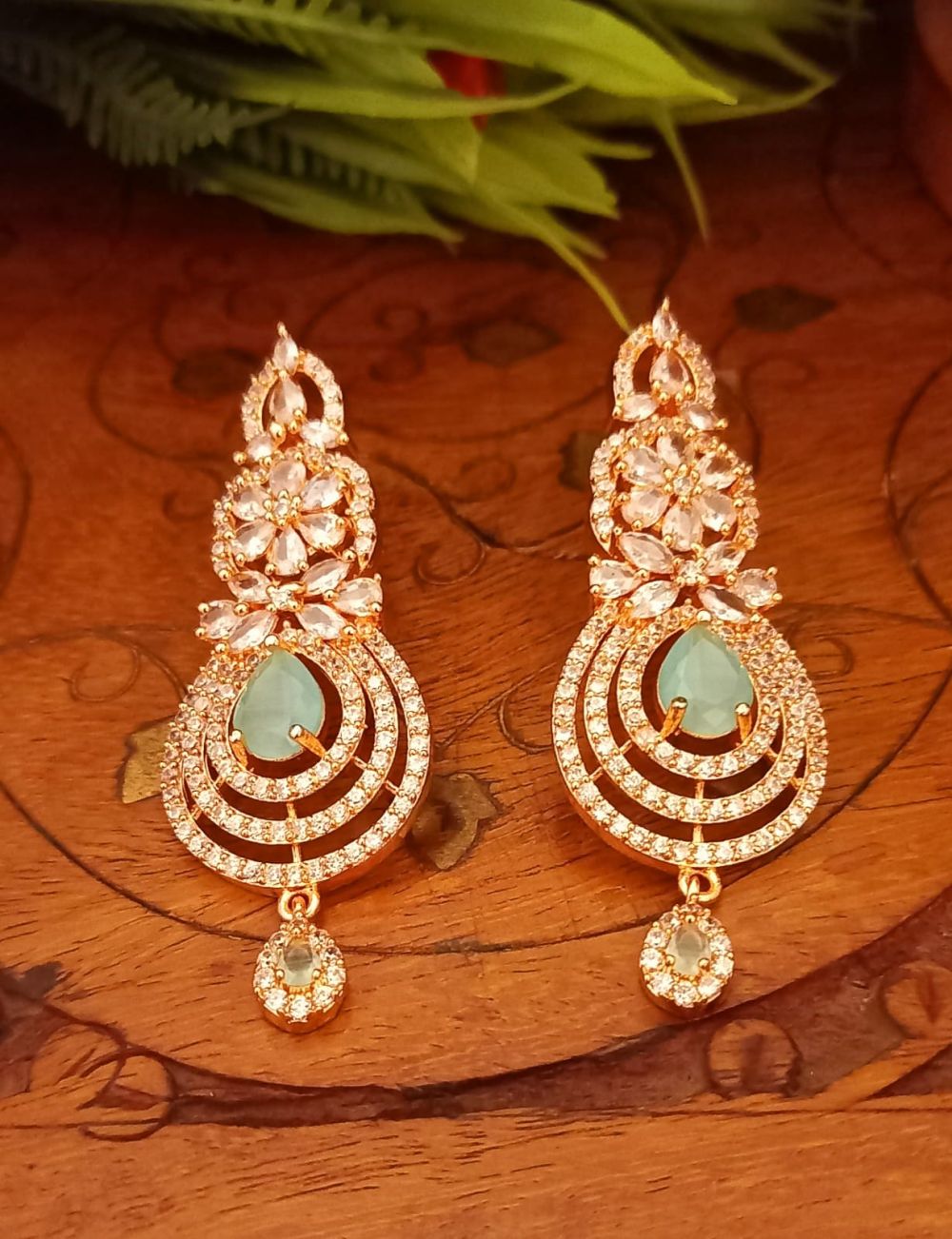 American Diamond Rose Gold Plated Earrings In Green