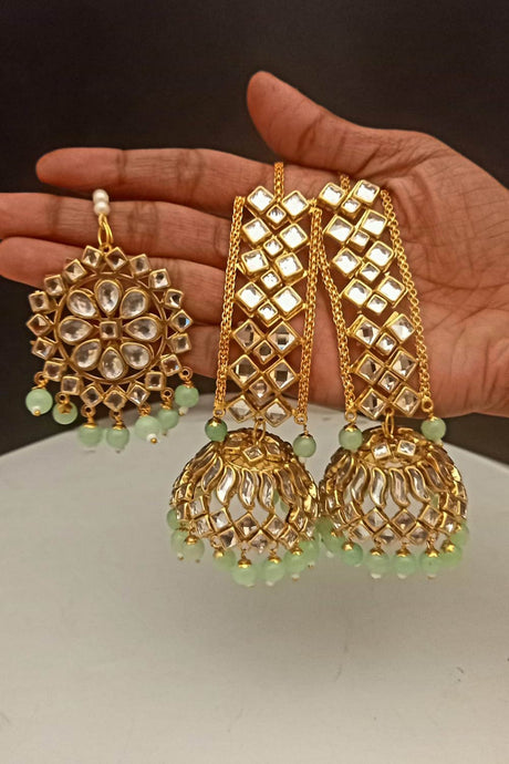 Buy Women's Copper Earring and Maang Tikka Set in Light Green Online