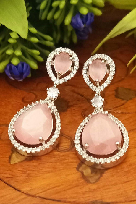 Pink American Diamond Earrings Danglers With Shiny Stone