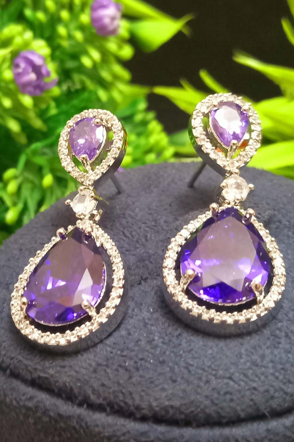 Purple American Diamond Earrings Danglers With Shiny Stone
