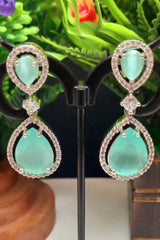 Green American Diamond Earrings Danglers With Shiny Stone