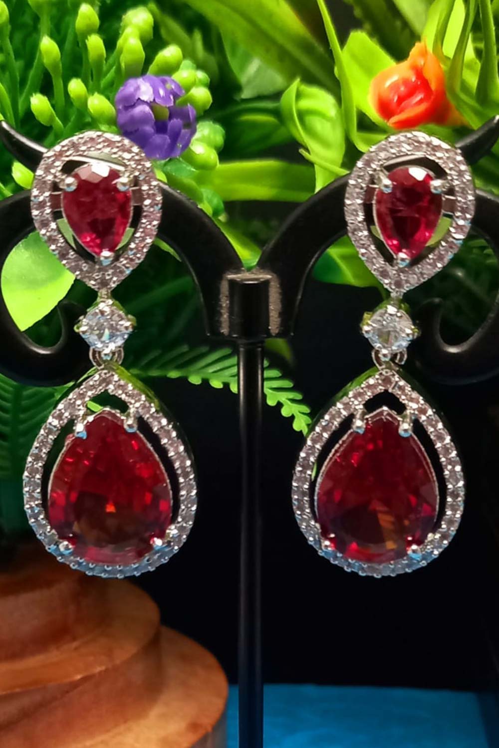 Red American Diamond Earrings Danglers With Shiny Stone