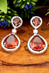 Red American Diamond Earrings Danglers With Shiny Stone