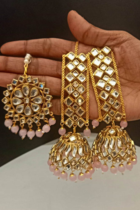 Buy Women's Copper Earring and Maang Tikka Set in Baby Pink Online