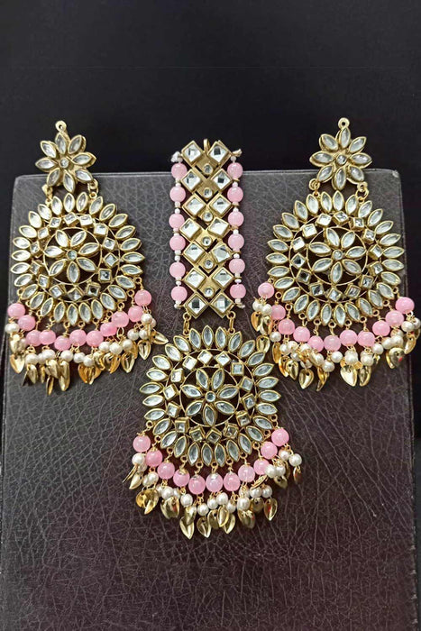 American Diamond Light baby pink Necklace set with Earring and Mang tikka