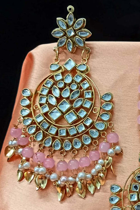 Buy Women's Copper Earring and Maang Tikka Set in Light Pink Online - Zoom In