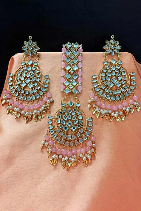 Buy Women's Copper Earring and Maang Tikka Set in Light Pink Online