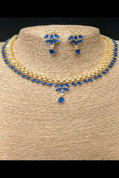 Buy Women's Brass Chokar Necklace Set in Navy Blue Online - Zoom In