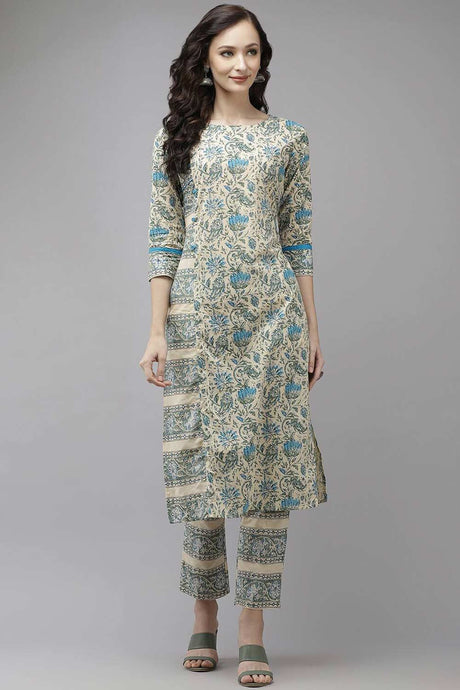 Buy Pure Cotton Floral Printed Ready to Wear Kurta Set in Beige Online