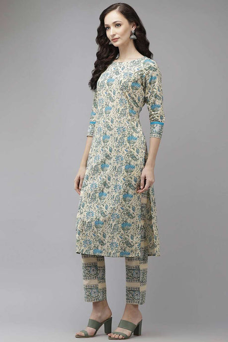 Buy Pure Cotton Floral Printed Ready to Wear Kurta Set in Beige Online - Back