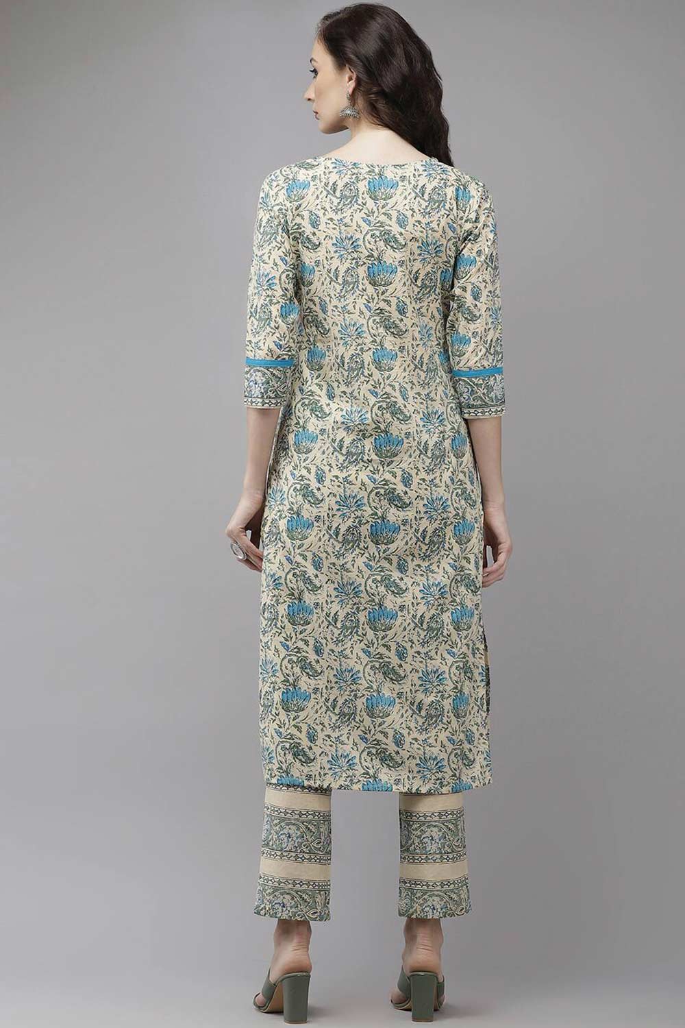 Buy Pure Cotton Floral Printed Ready to Wear Kurta Set in Beige Online - Front