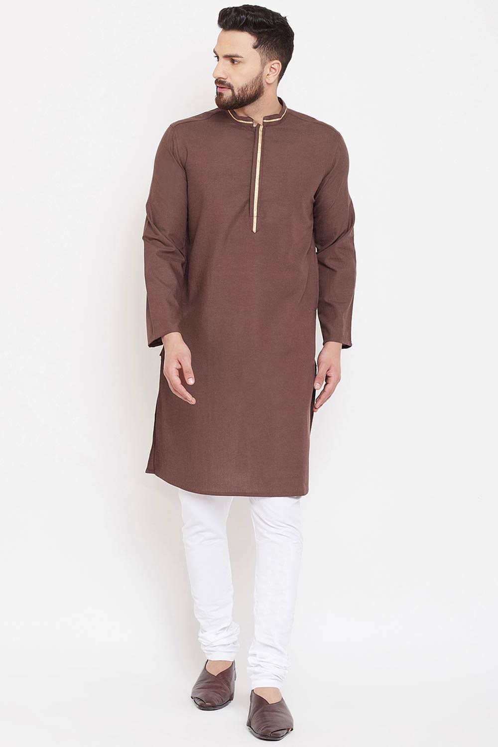 Buy Men's Linen Solid Kurta in Brown