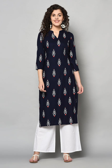 Buy Rayon Ikat Kurta Set in Navy Blue and Off White