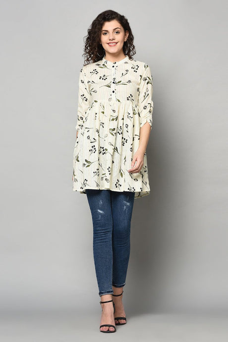 Buy Blended Cotton Floral Top in Off White and Black